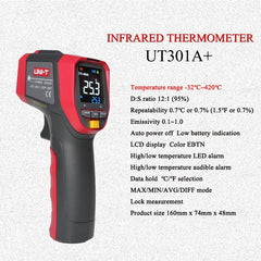 Thermomètre infrarouge UNI-T UT301A+, -32 °C à 420 °C, émissivité réglable, écran LCD couleur, enregistrement des données