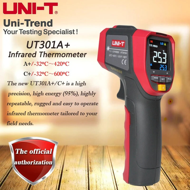 UNI-T UT301A+ Infrared Thermometer, -32°C~420°C, 12:1 D:S Ratio, Adjustable Emissivity, Color LCD, Data Logging