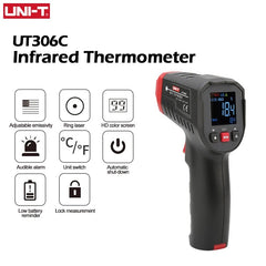 Thermomètre infrarouge UNI-T UT306C, -50 °C à 500 °C, résolution 0,1 °C, rapport de distance 12:1, émissivité réglable, ciblage laser, pour applications industrielles et CVC