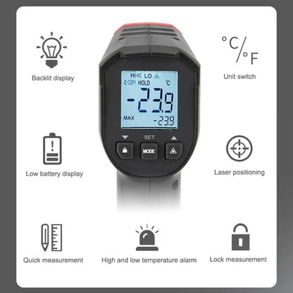 Thermomètre infrarouge UNI-T UT306C, -50 °C à 500 °C, résolution 0,1 °C, rapport de distance 12:1, émissivité réglable, ciblage laser, pour applications industrielles et CVC