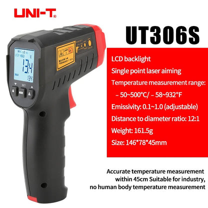 UNI-T UT306S Infrared Thermometer, -50°C~500°C, 12:1 D:S Ratio, Single Laser, Adjustable Emissivity, Data Hold