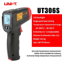 Thermomètre infrarouge UNI-T UT306S, -50 °C à 500 °C, rapport D:S 12:1, laser unique, émissivité réglable, conservation des données