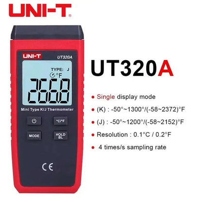 Termómetro termopar UNI-T UT320A, -50 °C ~ 1300 °C, tipo K/J, LCD retroiluminado, retención de datos, certificación CE