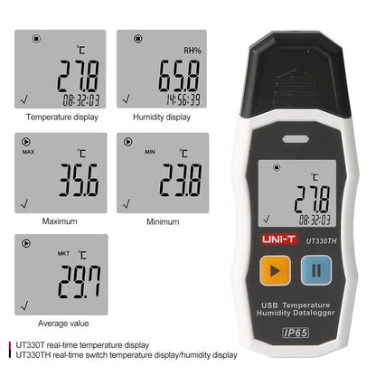 Registrador de datos USB UNI-T UT330TH, -30 °C ~ 70 °C, 0-99 % HR, 64 000 puntos, software para PC, IP65 (1 unidad)