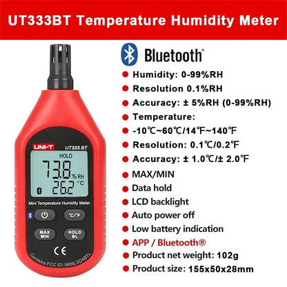 Medidor de temperatura y humedad UNI-T UT333BT con Bluetooth, -10 °C a 60 °C, 0-100 % HR, pantalla LCD, aplicación móvil, certificación CE