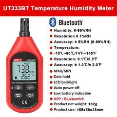 Humidimètre UNI-T UT333BT, -10 °C à 60 °C, 0 à 100 % HR, écran LCD, application mobile, certifié CE