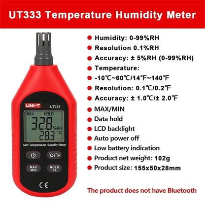 UNI-T UT333 Mini Temp & Humidity Meter, -10°C~60°C, 0-100%RH, LCD Display, Data Hold, CE Certified