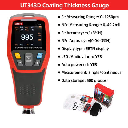 Medidor de espesor de revestimiento UNI-T UT343D, FE/NFE 0-1250 μm, transferencia de datos USB, pantalla con rotación automática, almacenamiento de 500 datos, para automoción/fabricación, rojo y gris