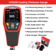 Jauge d'épaisseur de revêtement UNI-T UT343D, FE/NFE 0-1 250 μm, transfert de données USB, stockage de 500 données