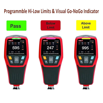 Medidor de espesor de revestimiento UNI-T UT343D, FE/NFE 0-1250 μm, transferencia de datos USB, pantalla con rotación automática, almacenamiento de 500 datos, para automoción/fabricación, rojo y gris