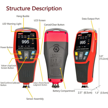 Medidor de espesor de revestimiento UNI-T UT343D, FE/NFE 0-1250 μm, transferencia de datos USB, pantalla con rotación automática, almacenamiento de 500 datos, para automoción/fabricación, rojo y gris