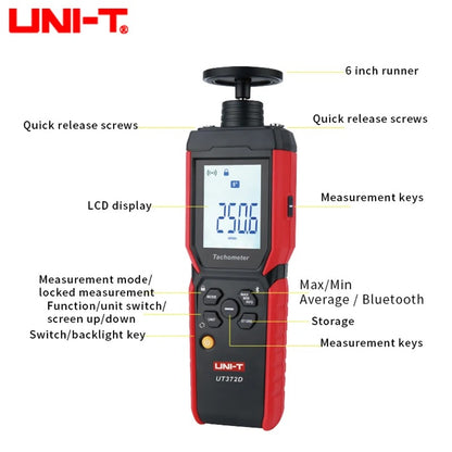 UNI-T UT372D Tachometer, 1-99,999 RPM, Non-Contact & Contact Measurement, Bluetooth Data Transfer, 10 Data Storage, for Motor & Shaft Speed Testing