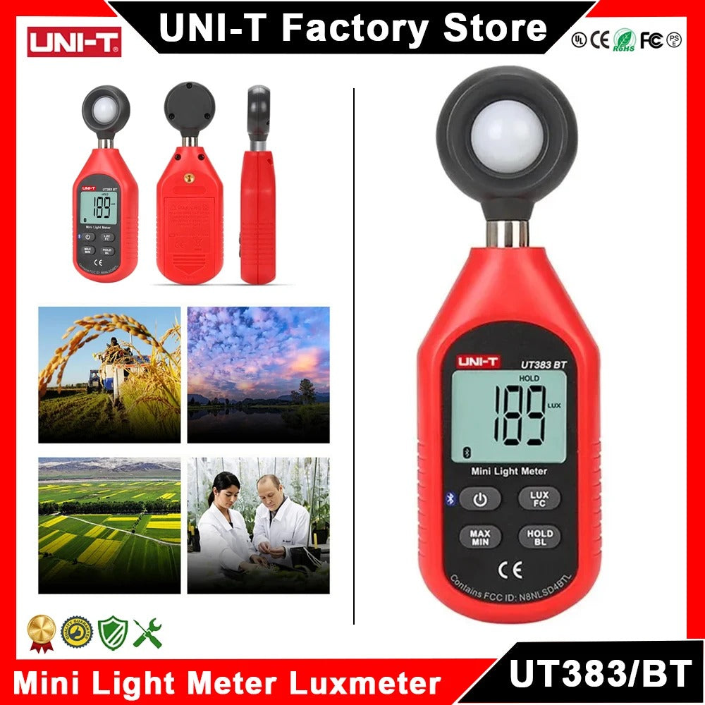 Fotómetro UNI-T UT383BT, 0~199.999 lux, resolución de 1 lux, sincronización con aplicación Bluetooth, muestreo de 500 ms, para pruebas de iluminancia en laboratorios e industrias.