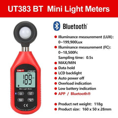 Fotómetro UNI-T UT383BT, 0~199.999 lux, resolución de 1 lux, sincronización con aplicación Bluetooth, muestreo de 500 ms, para pruebas de iluminancia en laboratorios e industrias.
