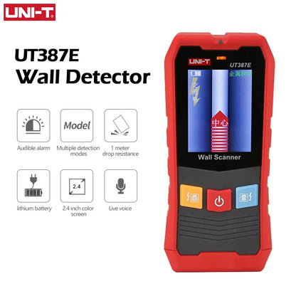 Détecteur mural UNI-T UT387E avec détection de métal/bois/câble, écran couleur 2,4", alerte vocale, résistant aux chutes de 1 m, batterie 300 mAh, pour la construction et la rénovation.