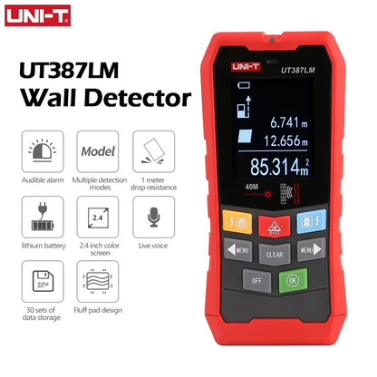 Détecteur mural UNI-T UT387E avec détection de métal/bois/câble, écran couleur 2,4", alerte vocale, résistant aux chutes de 1 m, batterie 300 mAh, pour la construction et la rénovation.