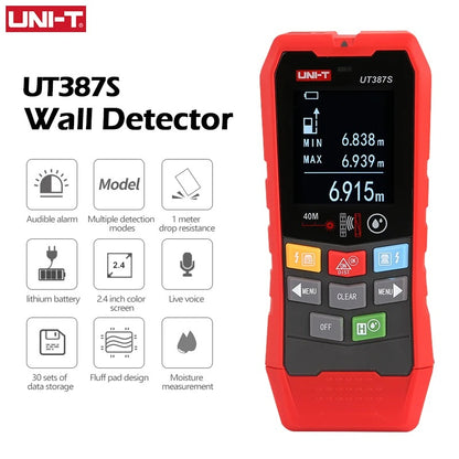Détecteur mural UNI-T UT387E avec détection de métal/bois/câble, écran couleur 2,4", alerte vocale, résistant aux chutes de 1 m, batterie 300 mAh, pour la construction et la rénovation.