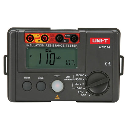 Testeur de résistance d'isolement UNI-T UT501A, 100 V/250 V/500 V/1 000 V, 0,00 MΩ à 20,0 GΩ, rétroéclairage LCD, décharge automatique, pour tests de sécurité électrique