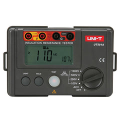 Megóhmetro UNI-T UT501A de 1000 V, comprobador de aislamiento, medidor de resistencia de tierra de 0 megaohmios a 5,5 GΩ con voltaje de prueba de CA de 100 V/250 V/500 V