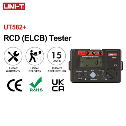 Testeur de disjoncteur différentiel UNI-T UT582+, courant de déclenchement 10-500 mA, temporisation 0-2000 ms, CAT III 300 V, test de rampe automatique, certifié CE