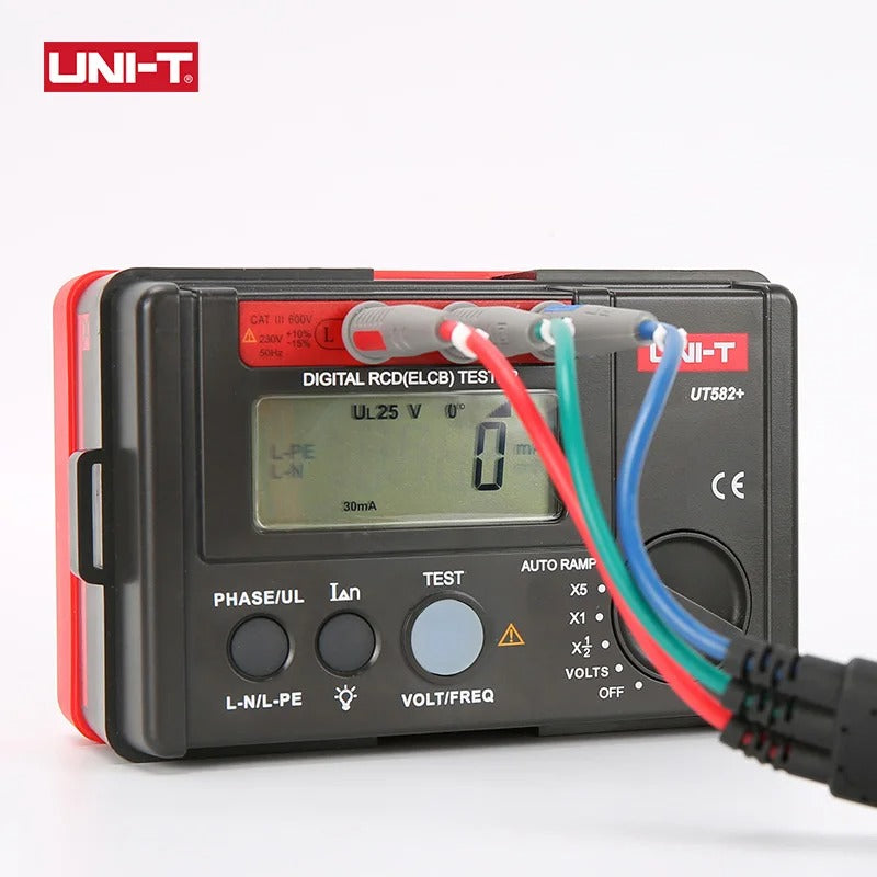 Comprobador de RCD UNI-T UT582+, corriente de disparo de 10-500 mA, temporización de 0-2000 ms, CAT III 300 V, prueba de rampa automática