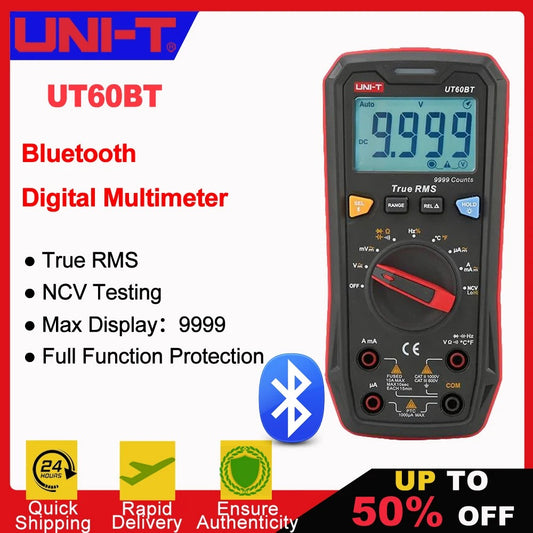 Multimètre numérique UNI-T UT60BT, 9 999 points, valeur efficace vraie, Bluetooth, CAT II 1 000 V, NCV, sélection automatique de plage, capacité jusqu'à 9,999 mF