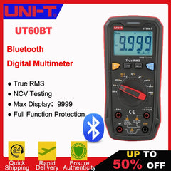 Multimètre numérique UNI-T UT60BT, 9 999 points, valeur efficace vraie, CAT II 1 000 V, NCV, sélection automatique de plage, capacité jusqu'à 9,999 mF
