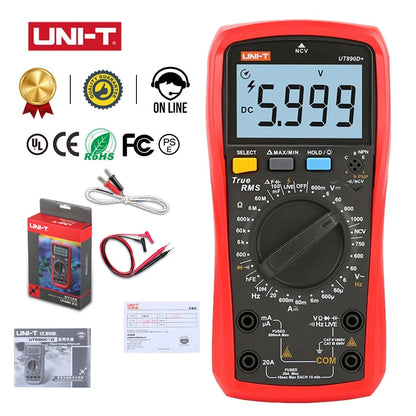 Multímetro digital UNI-T UT890D+, 6000 cuentas, verdadero valor eficaz, CAT III 1000 V, prueba de cable bajo tensión, NCV, corriente de 20 A, capacitancia de 99,99 mF