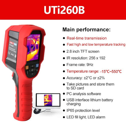 Imageur thermique infrarouge UNI-T UTi260B, -20 °C à 550 °C, résolution IR 256 x 192, 7 palettes, IP65, résistant aux chutes de 2 m, analyse logicielle PC pour applications industrielles et CVC