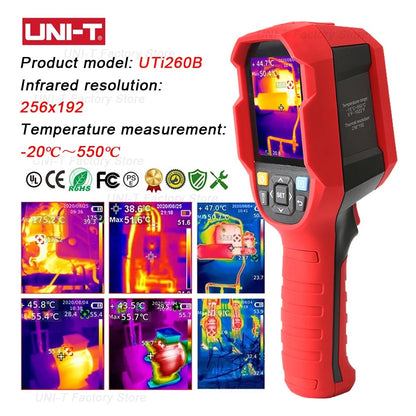 Imageur thermique infrarouge UNI-T UTi260B, -20 °C à 550 °C, résolution IR 256 x 192, 7 palettes, IP65, résistant aux chutes de 2 m, analyse logicielle PC pour applications industrielles et CVC
