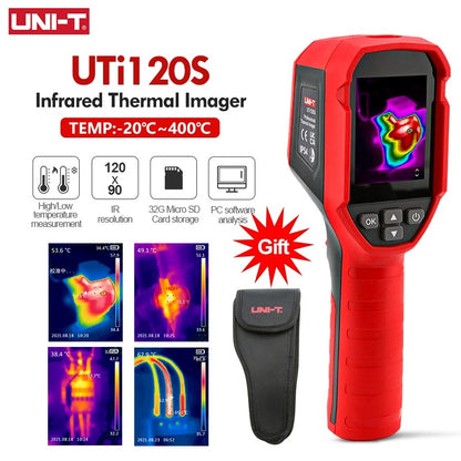 Cámara termográfica infrarroja UNI-T UTi120S, -20 °C a 400 °C, resolución IR de 120 x 90, LED/láser/alarma, IP54, batería de 3,7 V y 2600 mAh, software para PC para sistemas industriales y de climatización.