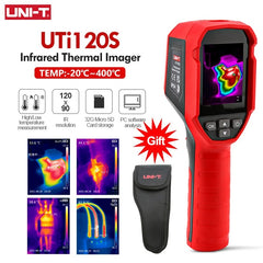Caméra thermique infrarouge UNI-T UTi120S, -20 °C à 400 °C, résolution IR 120 x 90, LED/laser/alarme, IP54, batterie 3,7 V 2 600 mAh, logiciel PC pour applications industrielles et CVC.