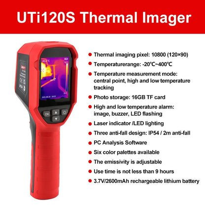 Cámara termográfica infrarroja UNI-T UTi120S, -20 °C a 400 °C, resolución IR de 120 x 90, LED/láser/alarma, IP54, batería de 3,7 V y 2600 mAh, software para PC para sistemas industriales y de climatización.