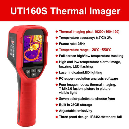 UNI-T UTi160S Thermal Camera, 160x120 IR Resolution, 320x240 Super Resolution, -20℃~550℃, IP54 Waterproof, 32GB Storage, Type-C Charging