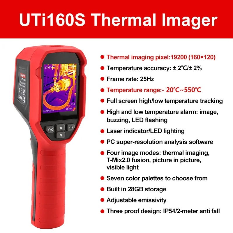 Cámara térmica UNI-T UTi160S, resolución IR de 160x120, superresolución de 320x240, -20 °C a 550 °C, resistencia al agua IP54, 32 GB de almacenamiento, carga tipo C