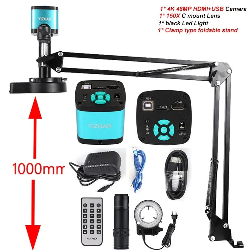 Microscopio digital YIZHAN de 48 MP con grabación de video 4K, cámara industrial USB HDMI, lente de montura C de 150X con soporte plegable para soldadura