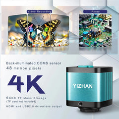 Microscopio digital YIZHAN de 48 MP con grabación de video 4K, cámara industrial USB HDMI, lente de montura C de 150X con soporte plegable para soldadura