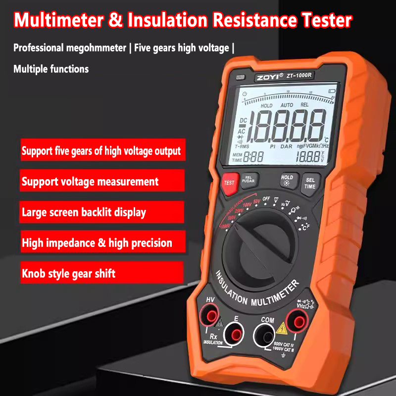 Multímetro y medidor de resistencia de aislamiento con cinco rangos de salida de alta tensión: 50 V, 100 V, 250 V, 500 V, 1000 V y 200 GΩ, apto para subestaciones eléctricas. 