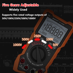 Multímetro y medidor de resistencia de aislamiento con cinco rangos de salida de alta tensión: 50 V, 100 V, 250 V, 500 V, 1000 V y 200 GΩ, apto para subestaciones eléctricas. 