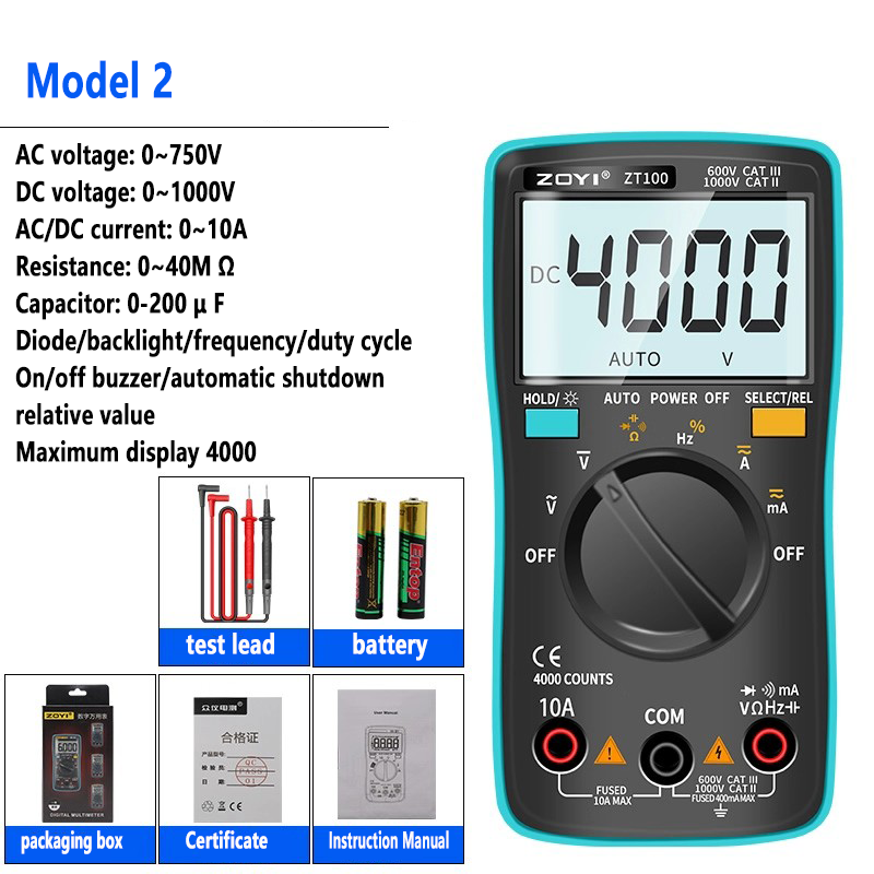 Multímetro portátil AC 750V DC 1000V 200mA 10A capacitancia 200μF True-RMS Multímetro digital multifunción Pantalla LCD retroiluminada 