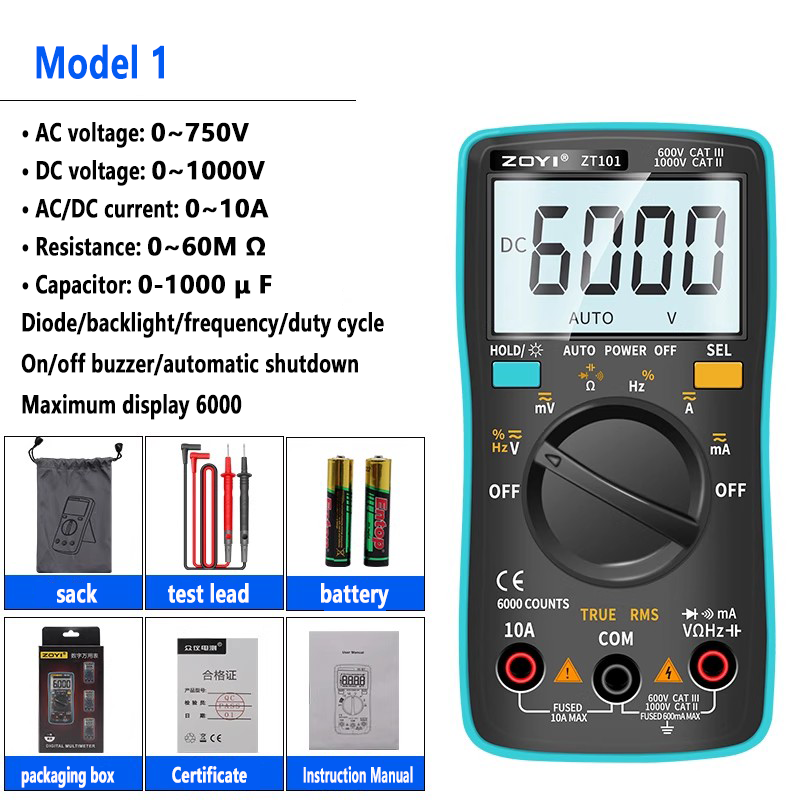 Multímetro digital portátil con pantalla LCD retroiluminada, capacidad de 60 MΩ, 10 MF, temperatura, NCV, prueba de neutro/fase, rango automático. 