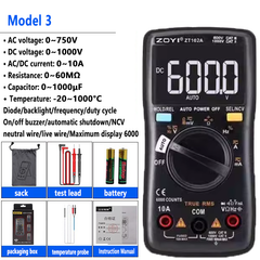 Multímetro digital portátil con pantalla LCD retroiluminada, capacidad de 60 MΩ, 10 MF, temperatura, NCV, prueba de neutro/fase, rango automático. 