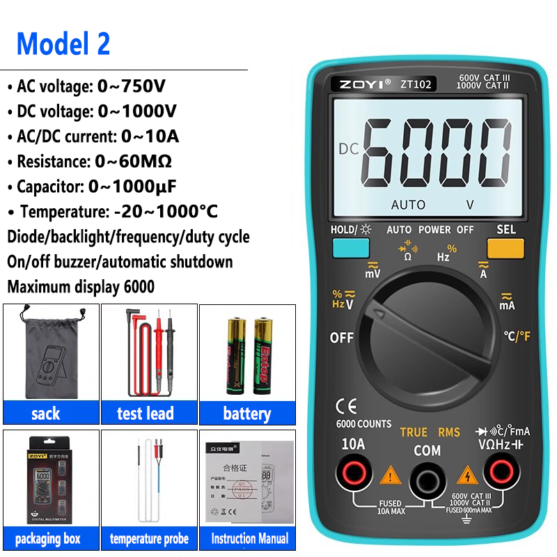 Multímetro digital portátil con pantalla LCD retroiluminada, capacidad de 60 MΩ, 10 MF, temperatura, NCV, prueba de neutro/fase, rango automático. 