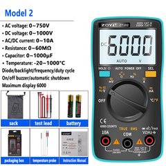 Multímetro digital portátil con pantalla LCD retroiluminada, capacidad de 60 MΩ, 10 MF, temperatura, NCV, prueba de neutro/fase, rango automático. 