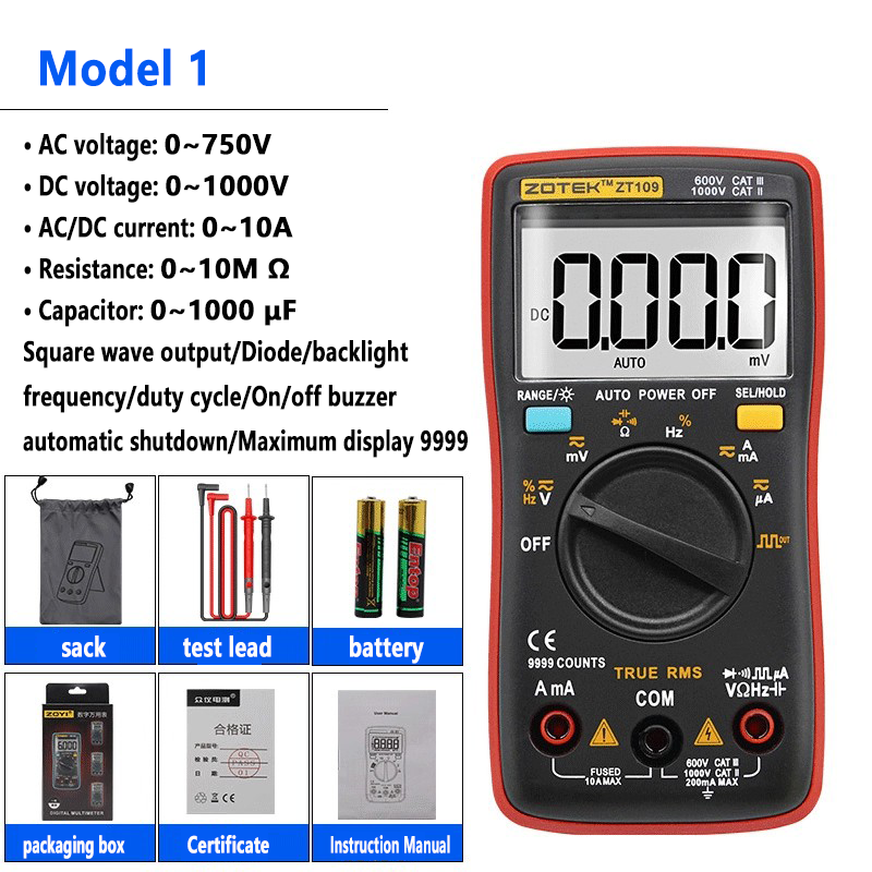 Multimètre numérique portable à sortie carrée, valeur efficace vraie (True RMS), professionnel, sans contact (NCV), AC 750 V, DC 1000 V, 10 MΩ, 1000 µF, 10 A, affichage maximal 9999 