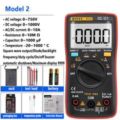 Multimètre numérique portable à sortie carrée, valeur efficace vraie (True RMS), professionnel, sans contact (NCV), AC 750 V, DC 1000 V, 10 MΩ, 1000 µF, 10 A, affichage maximal 9999 