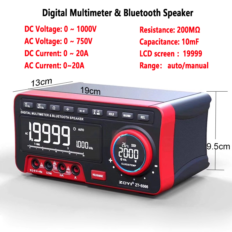 Multímetro de 4 ½ dígitos con altavoz Bluetooth, CC 1000 V, CA 750 V, 20 A, 200 MΩ, 6 MHz. Reloj de sobremesa con alarma, termómetro y sonido envolvente estéreo 3D para espacios de estudio/trabajo. 