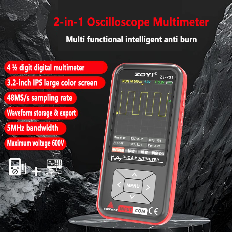 Osciloscopio y multímetro digital 2 en 1, un solo canal, ancho de banda de 5 MHz a 10 MHz, frecuencia de muestreo de 48 MSa/s, pantalla a color IPS de 3,2 pulgadas. 