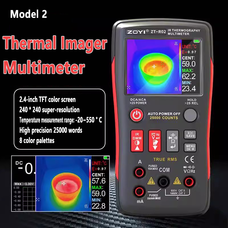 Cámara termográfica y multímetro digital portátil 2 en 1. Resolución infrarroja de 32 x 32 / 96 x 96. Termografía infrarroja. Multímetro de 4 ½ dígitos. Rango de 20 a 550°.