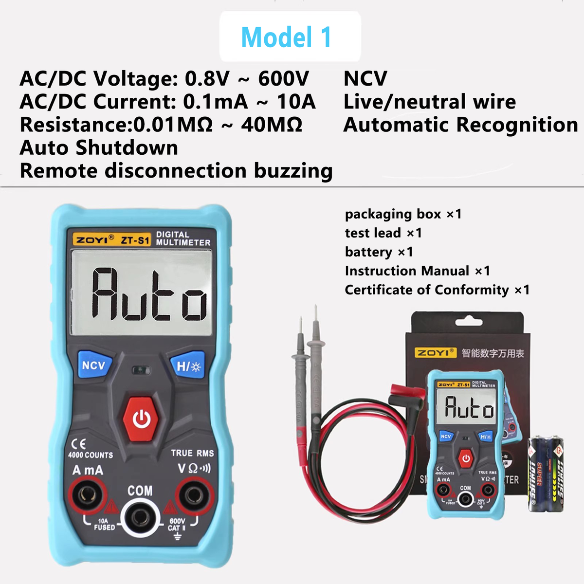 Multímetro portátil 600 V 10 A 40 MΩ 4 µF 10 MHz. Rango de temperatura: -20 °C a 1000 °C. Rango automático. NCV. Cable vivo. Cable neutro. Apagado automático. Desconexión remota con zumbador. 